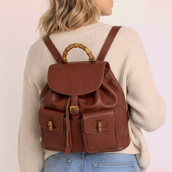 -Gucci Bamboo Leather Backpack Brown - Vintage Italy main image 6